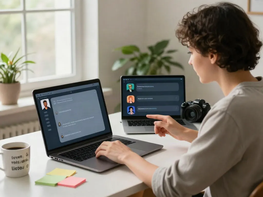Intimate scene of a user chatting with Crush On AI on a laptop in a cozy home office.
