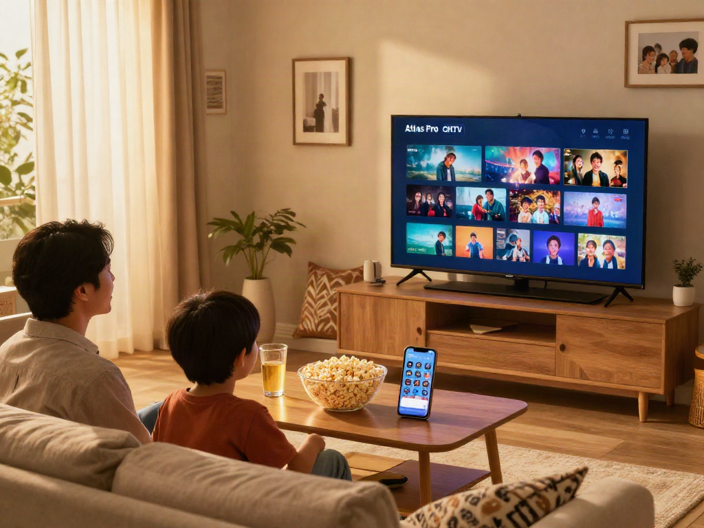 Une famille profitant d'une soirée cinéma avec l'application atlas pro dans un salon chaleureux.