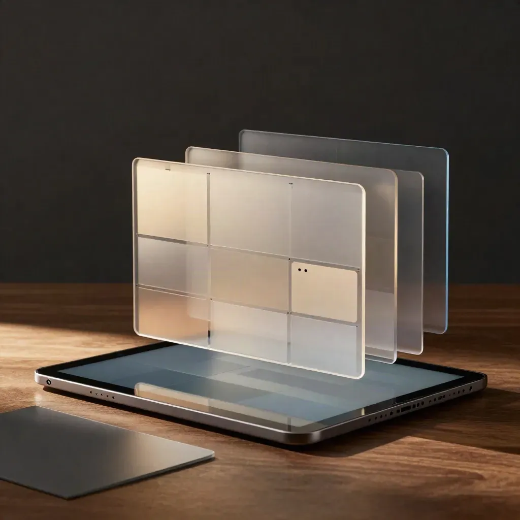 Tablette d’interface abstraite avec calques transparents et écran flou en arrière-plan