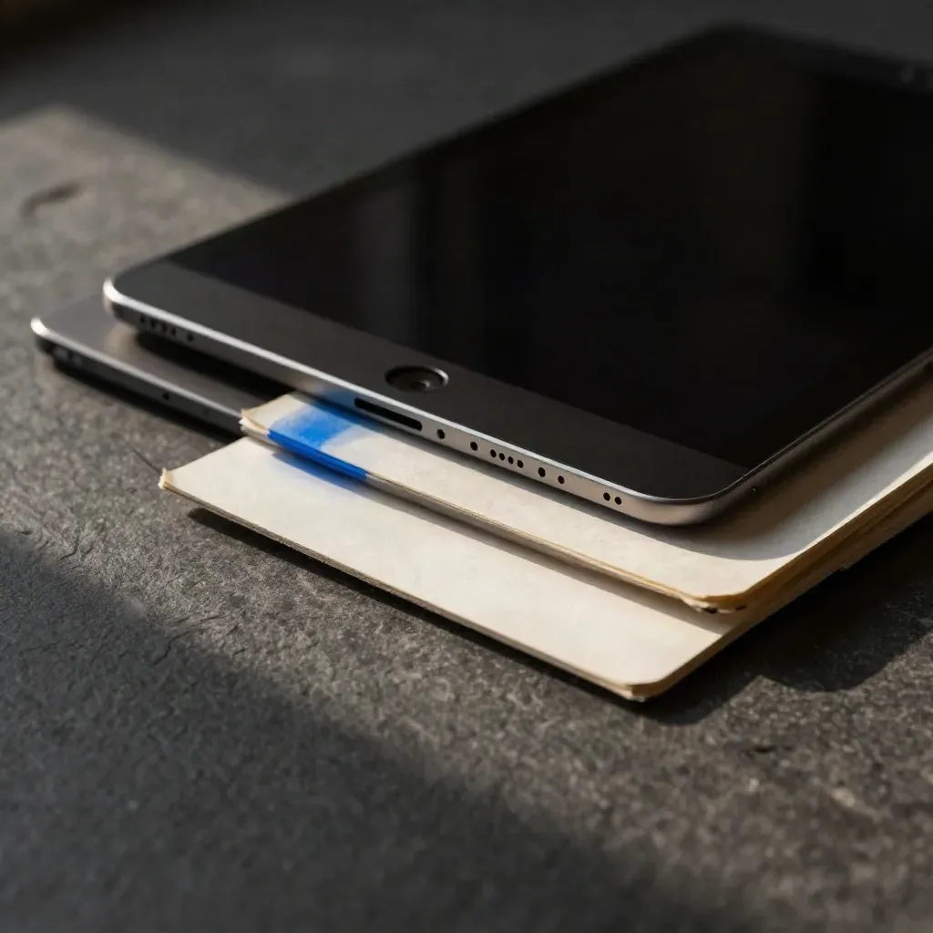Macro d’une tablette sombre, cartes de critique anonymes et reflets cobalt sur pierre noire.