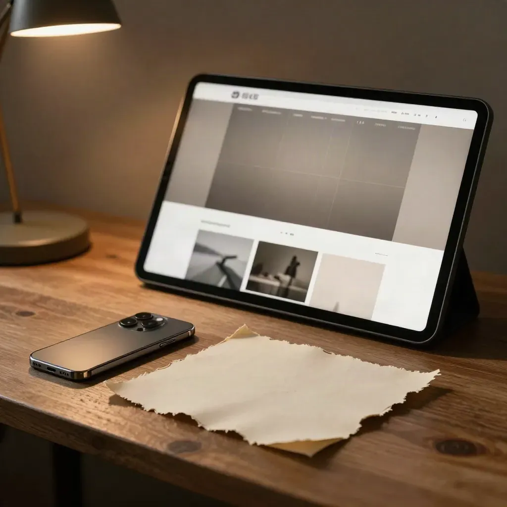 Écran incliné avec téléphone et papier brut sur un établi en bois, lumière chaude de fin d’après-midi.