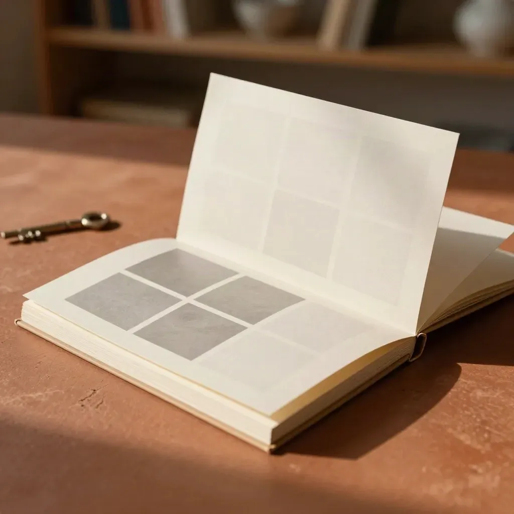Dossier portfolio freelance en panneaux superposés sur table chaude, lumière douce.