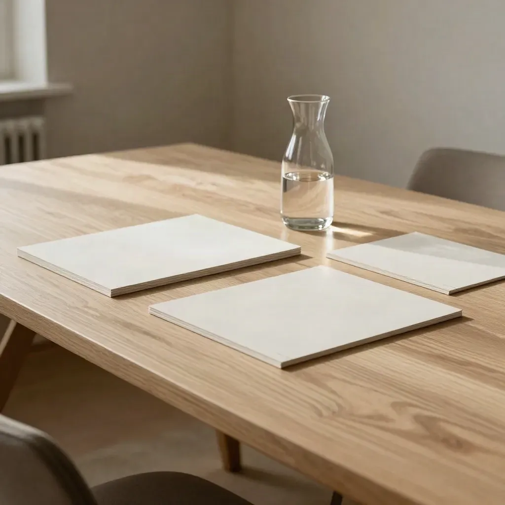 Table de réunion en bois clair avec trois supports de maquettes et une carafe en verre, lumière chaude.
