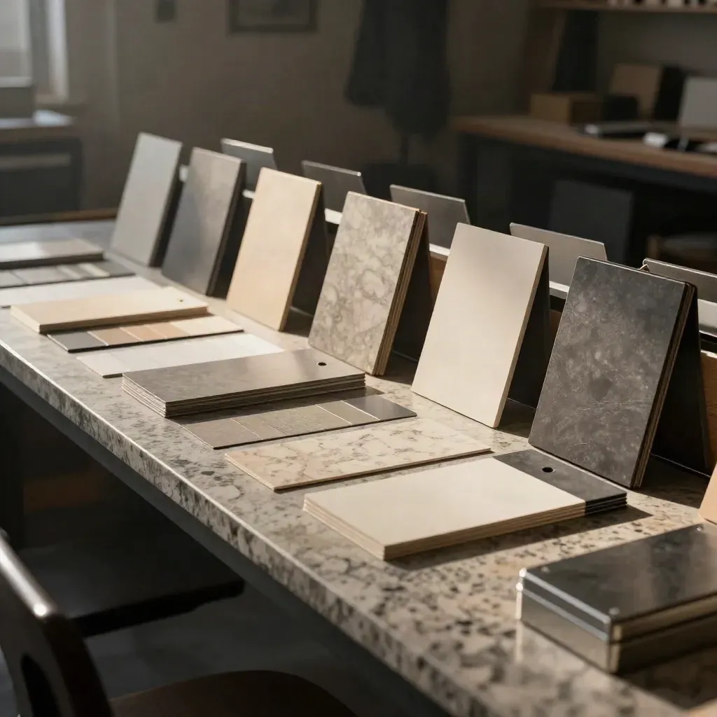 Table de contrôle d’identité visuelle avec nuanciers, dossiers et boîtes d’archives, lumière sombre et précise.