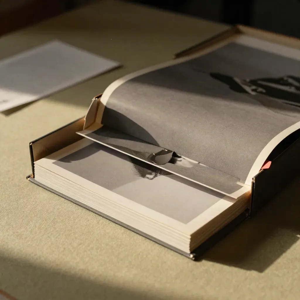 Boîte de présentation ouverte avec tirages mat, séparateur et épreuves en mouvement.
