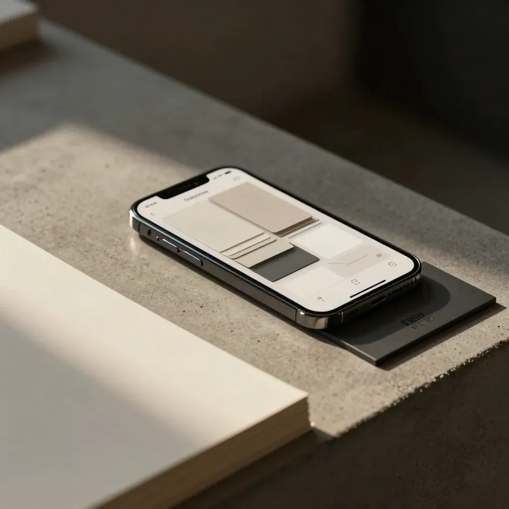 Téléphone vertical, bloc papier et plaque sombre dans une ambiance cinématographique.