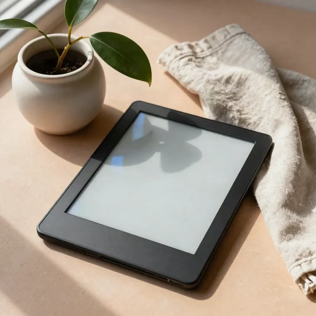 Écran e-ink abstrait, pot en céramique, feuille de ficus et linge plié sur surface terracotta.