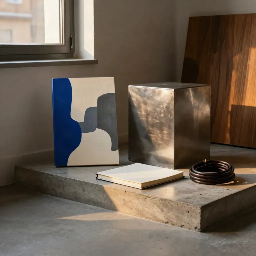 Écran géant abstrait, carnet fermé et socle métal dans un coin de studio baigné de lumière.