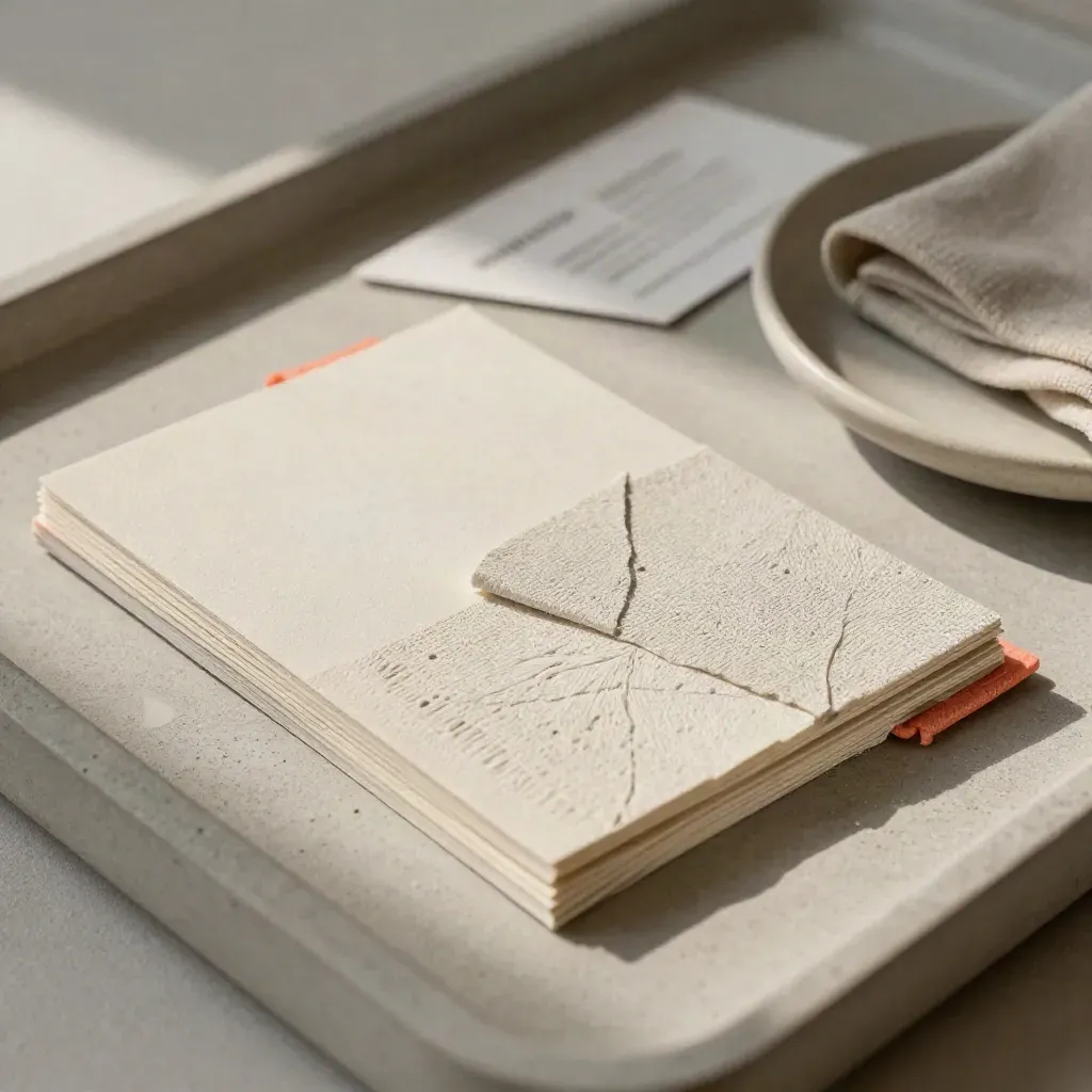 Nuancier de papiers, échantillon gaufré et soucoupe en grès sur une tablette claire.