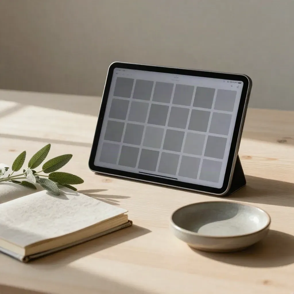 Tablette avec grille d’interface, carnet fermé et plante basse sur bois pâle.