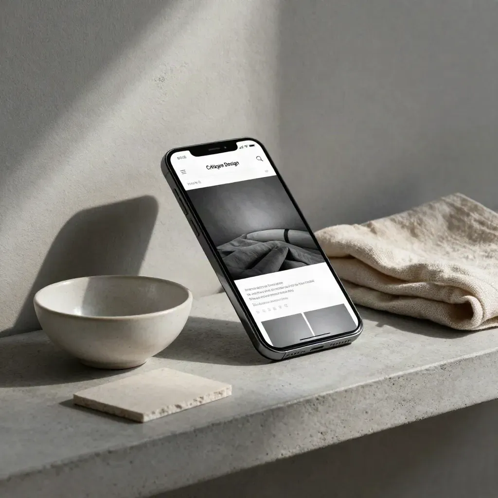 Téléphone incliné avec blocs d’interface, bol en céramique et linge brut sur pierre.