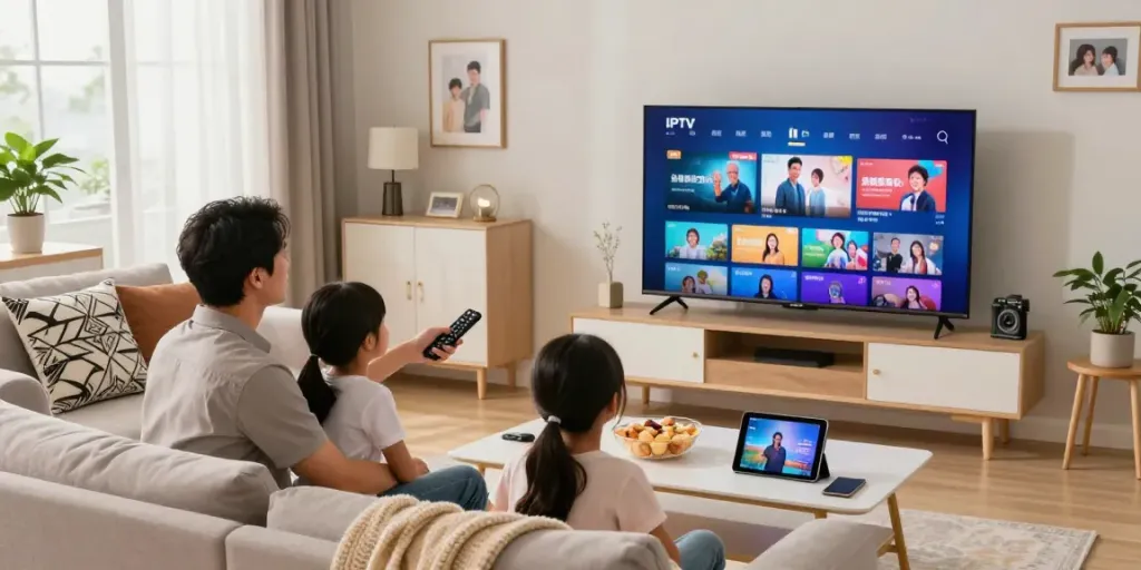 Une famille profitant d'une soirée cinéma avec Atlas IPTV, soirée chaleureuse et conviviale dans leur salon.