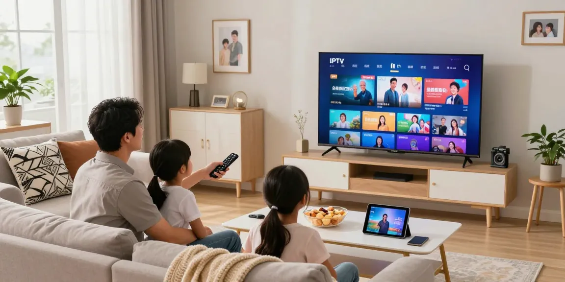 Une famille profitant d'une soirée cinéma avec Atlas IPTV, soirée chaleureuse et conviviale dans leur salon.